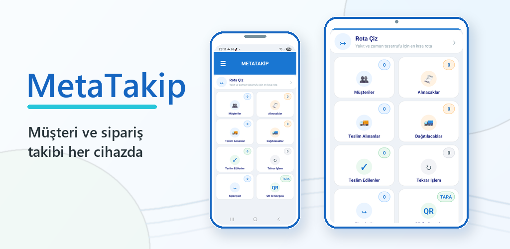 MetaTakip Android uygulamasının telefon ve tablette görünen gerçek ana ekranı